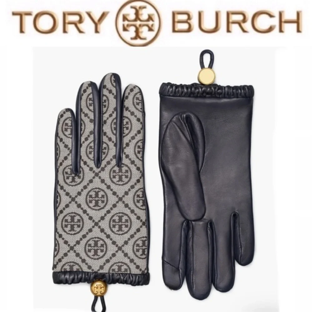 Tory Burch T Monogram Jacquard & Leather Gloves sz 8 in Navy NWT 298$